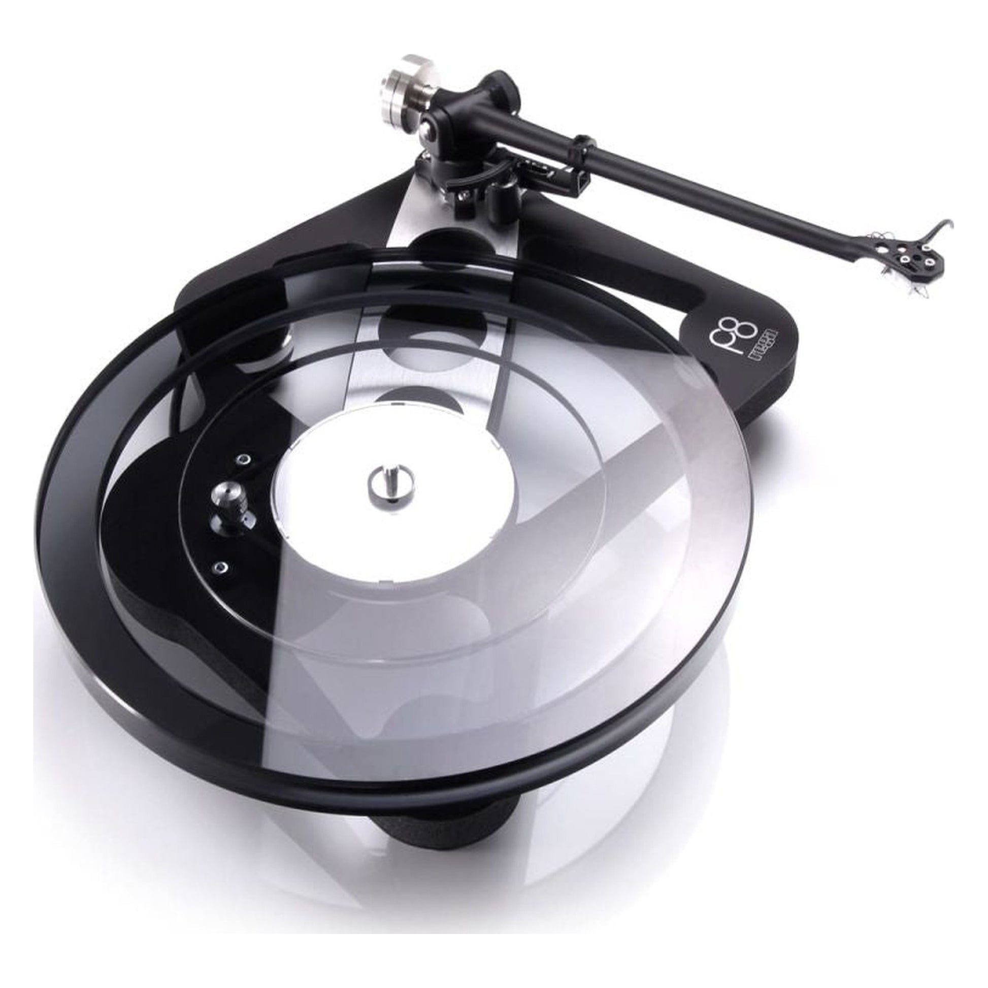 Rega Planar 8 Plattenspieler, Schwarz, Schrägansicht mit RB880 Tonarm und Triple-Layer Glasteller