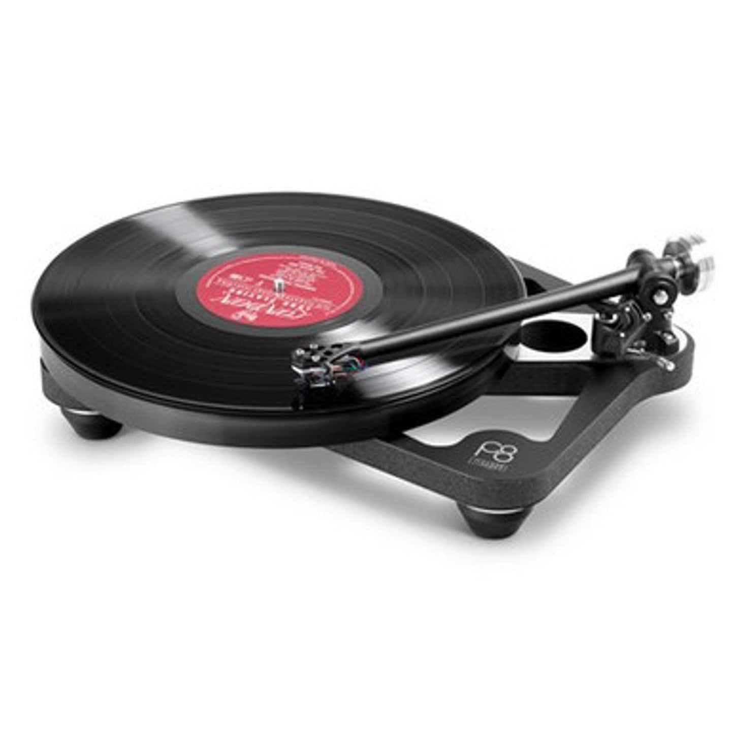 Rega Planar 8 Plattenspieler, Schwarz, Schrägansicht mit aufgelegter Schallplatte