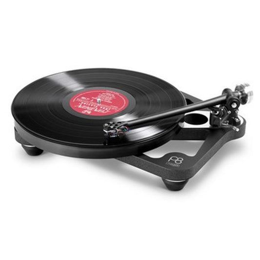 Rega Planar 8 Plattenspieler, Schwarz, Schrägansicht mit aufgelegter Schallplatte