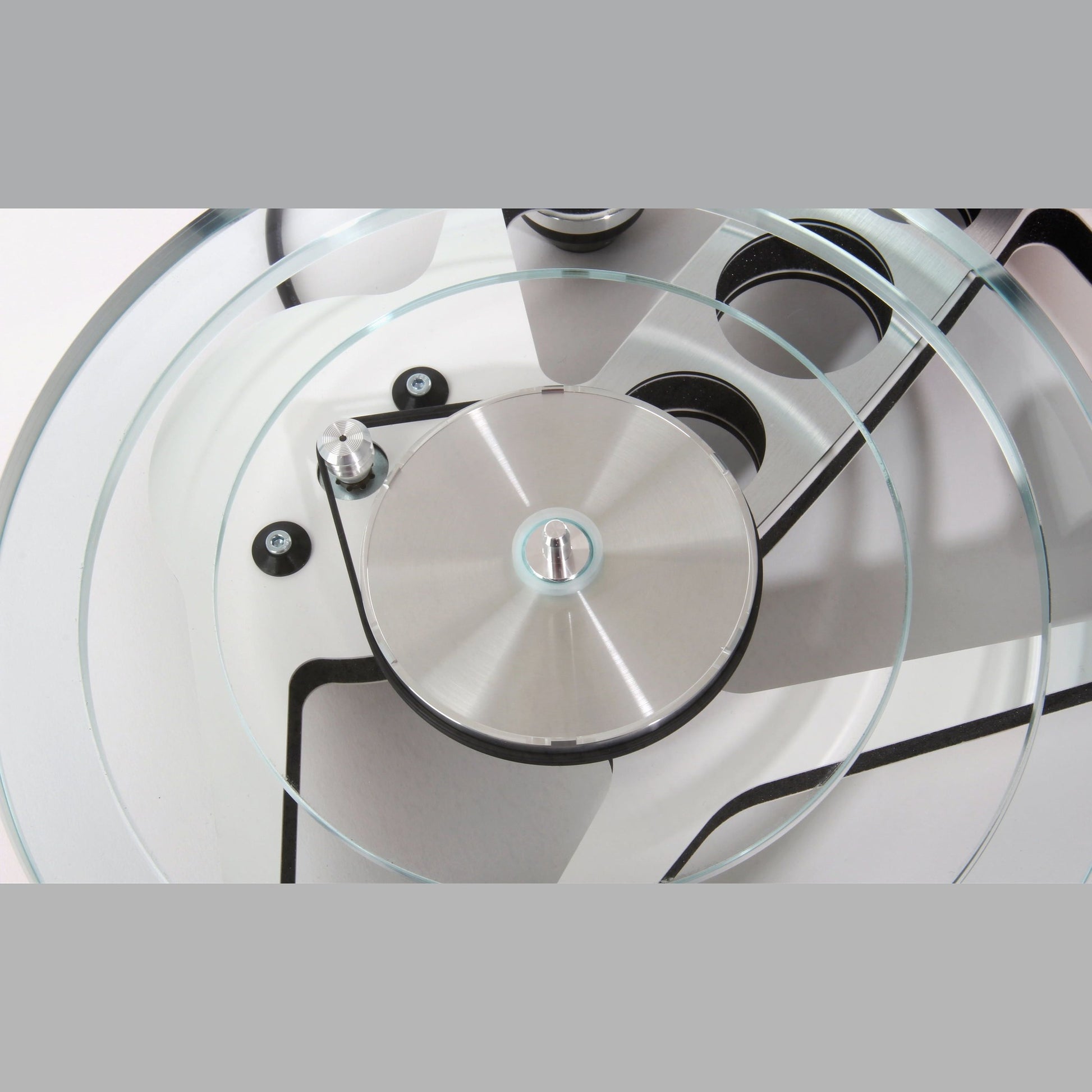 Rega Planar 8 Plattenspieler, Weiss, Draufsicht auf Subteller und Antrieb