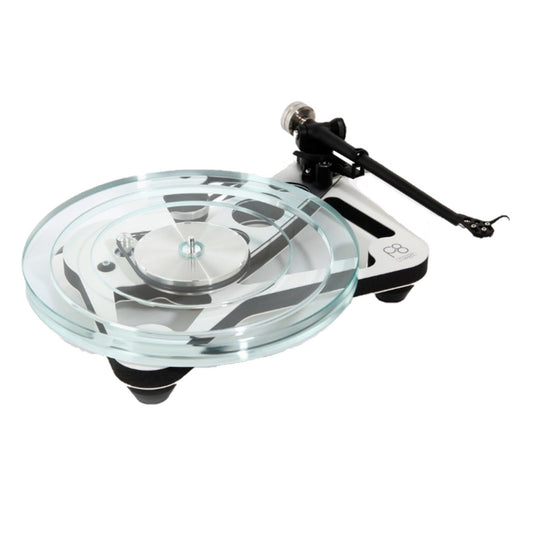 Rega Planar 8 Plattenspieler, Weiss, Schrägansicht mit Glasteller