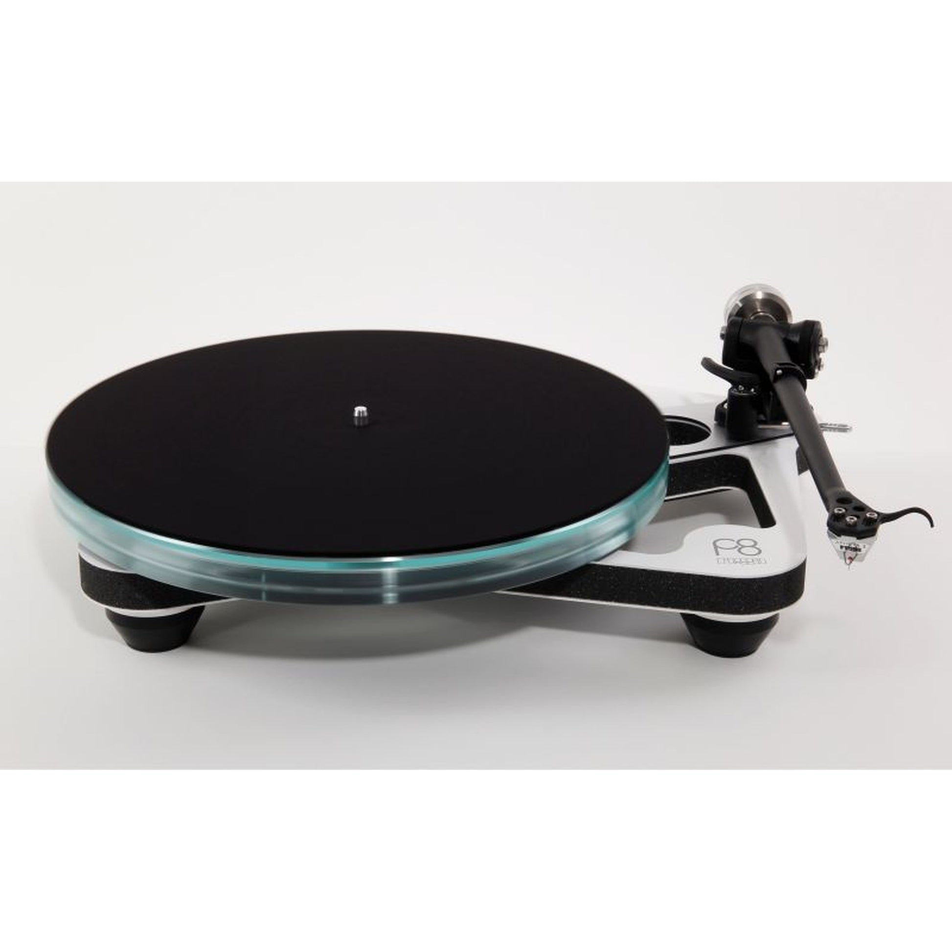 Rega Planar 8 Plattenspieler, Weiss, Seitenansicht mit Filzmatte und Tonabnehmer