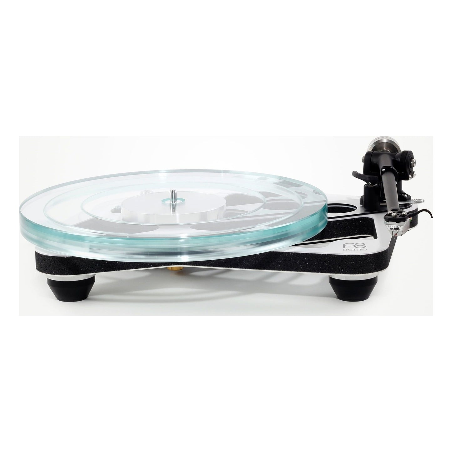 Rega Planar 8 Plattenspieler, Weiss, Seitenansicht mit Glasteller