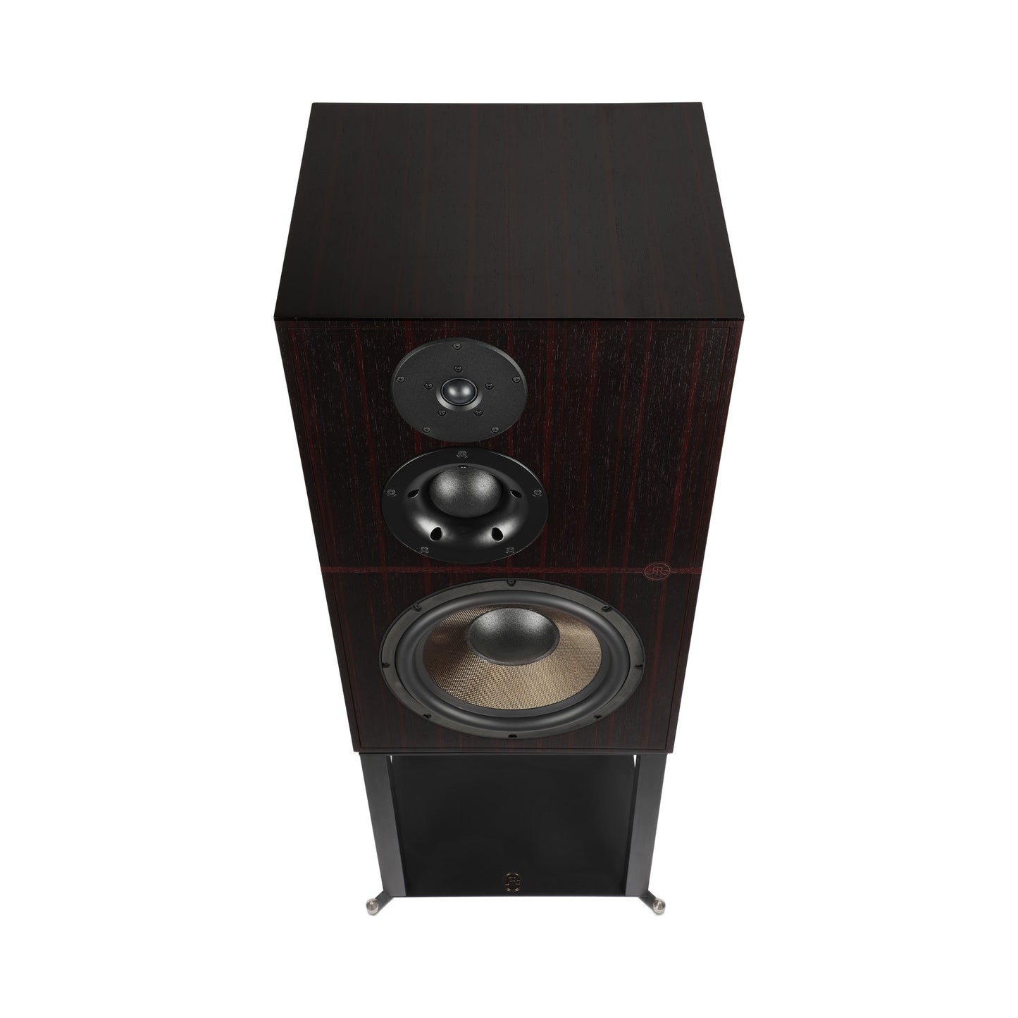 Revival Audio Atalante 5 Regallautsprecher Ebony Schrägansicht mit montierter Frontabdeckung