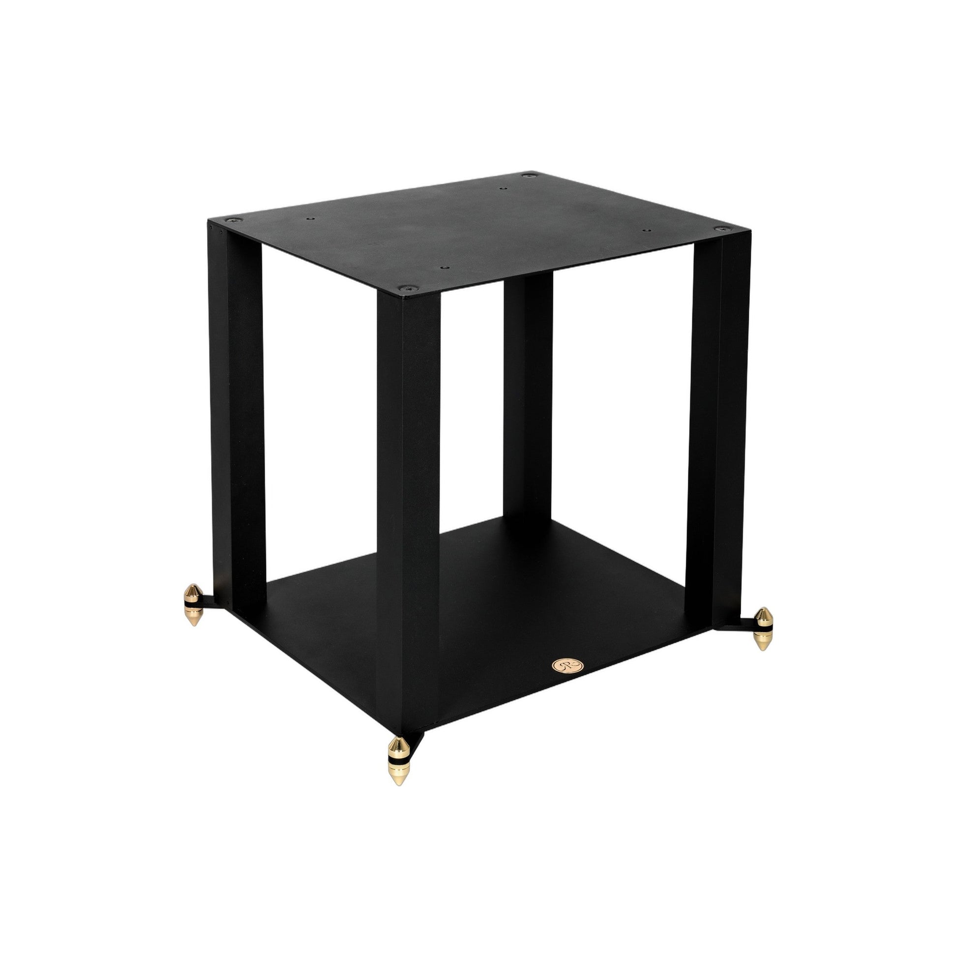 Revival Audio Atalante 5 Stand schwarz Schrägansicht mit Spikes und Bodenplatte