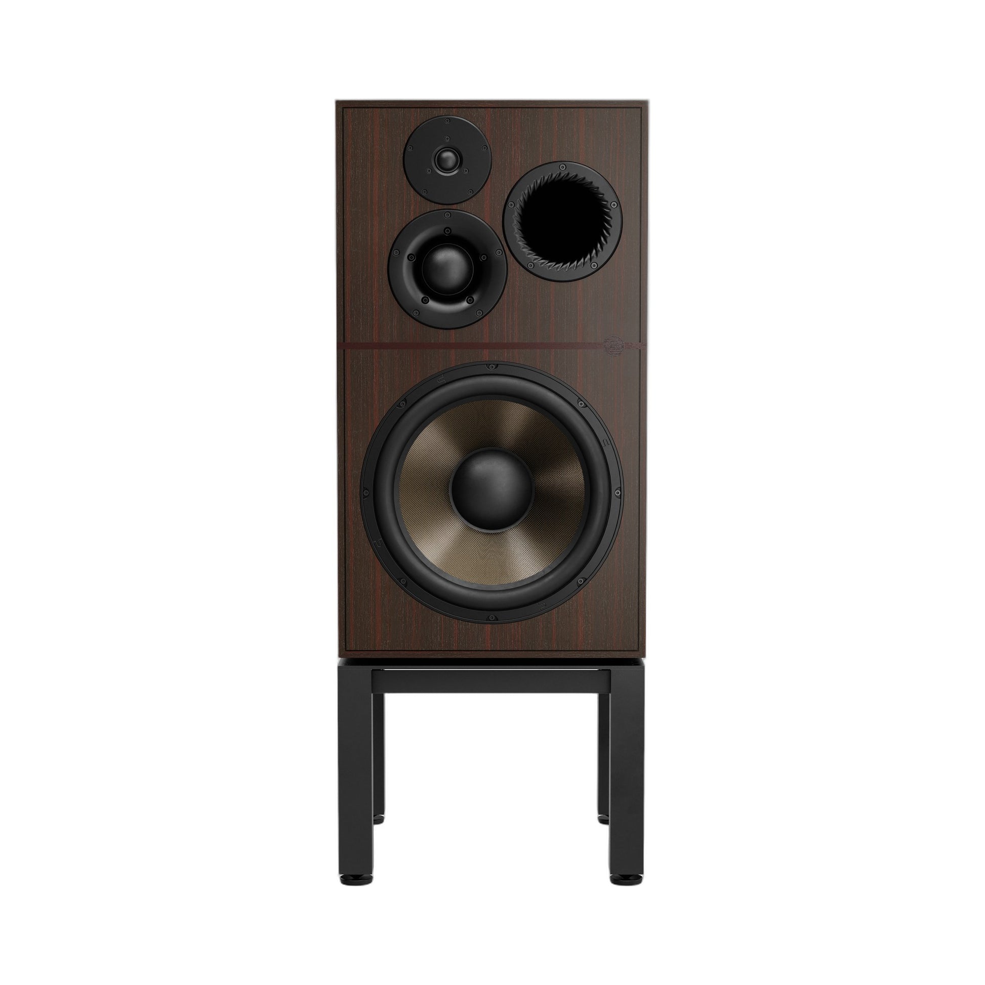 Revival Audio Atalante 7 Évo Standlautsprecher Ebony Frontansicht mit 15-Zoll-Basalt-Tieftöner auf Sockel