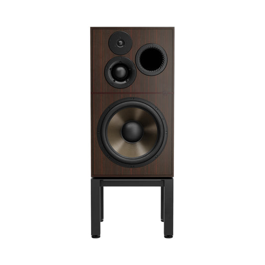 Revival Audio Atalante 7 Évo Standlautsprecher Ebony Frontansicht mit 15-Zoll-Basalt-Tieftöner auf Sockel