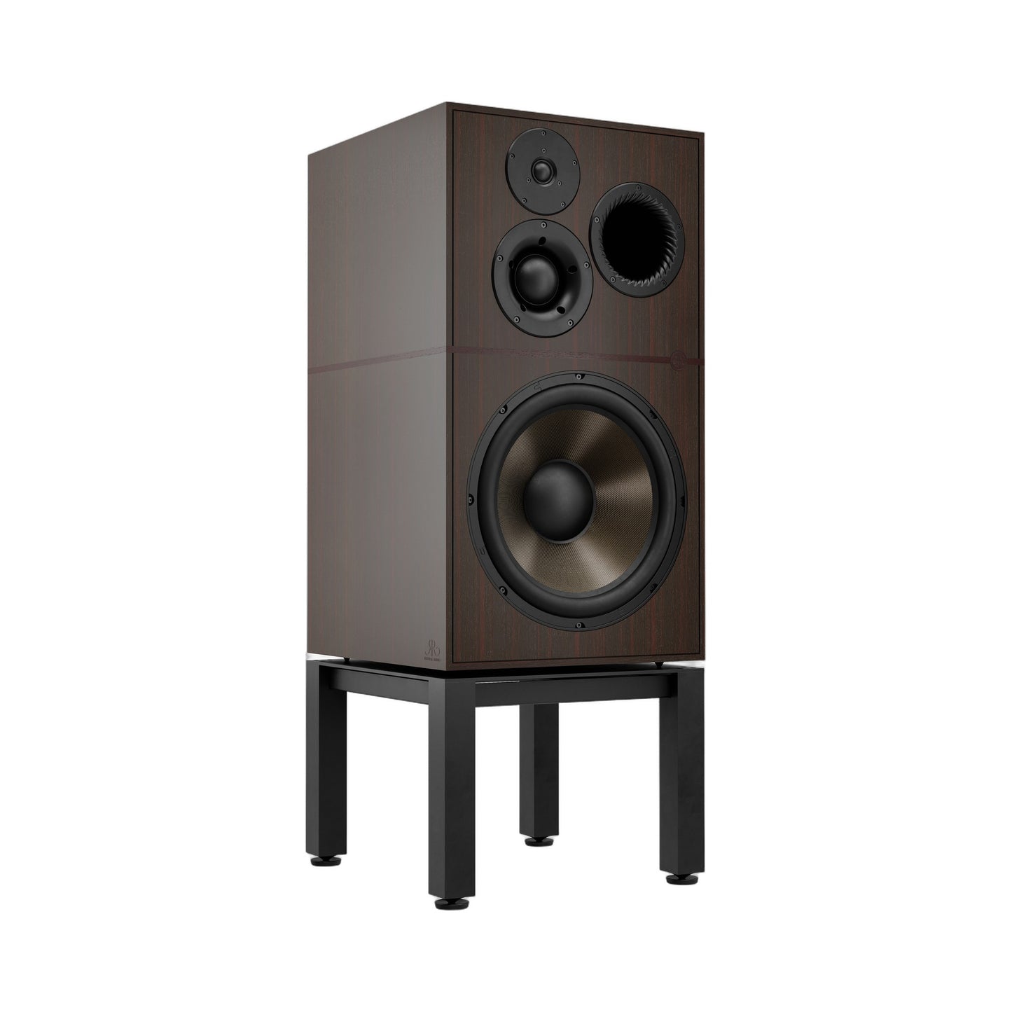 Revival Audio Atalante 7 Évo Standlautsprecher Ebony Schrägansicht mit 15-Zoll-Basalt-Tieftöner auf Sockel