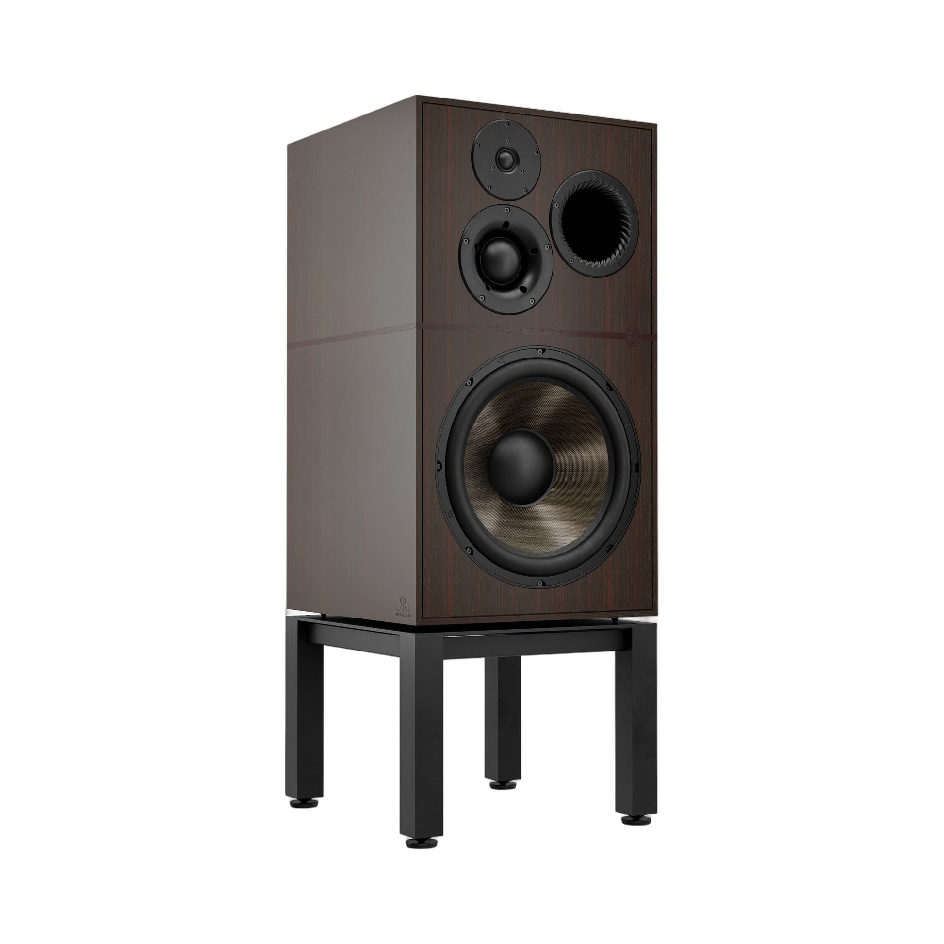 Revival Audio Atalante 7 Évo Standlautsprecher Ebony Schrägansicht mit 15-Zoll-Basalt-Tieftöner auf Sockel