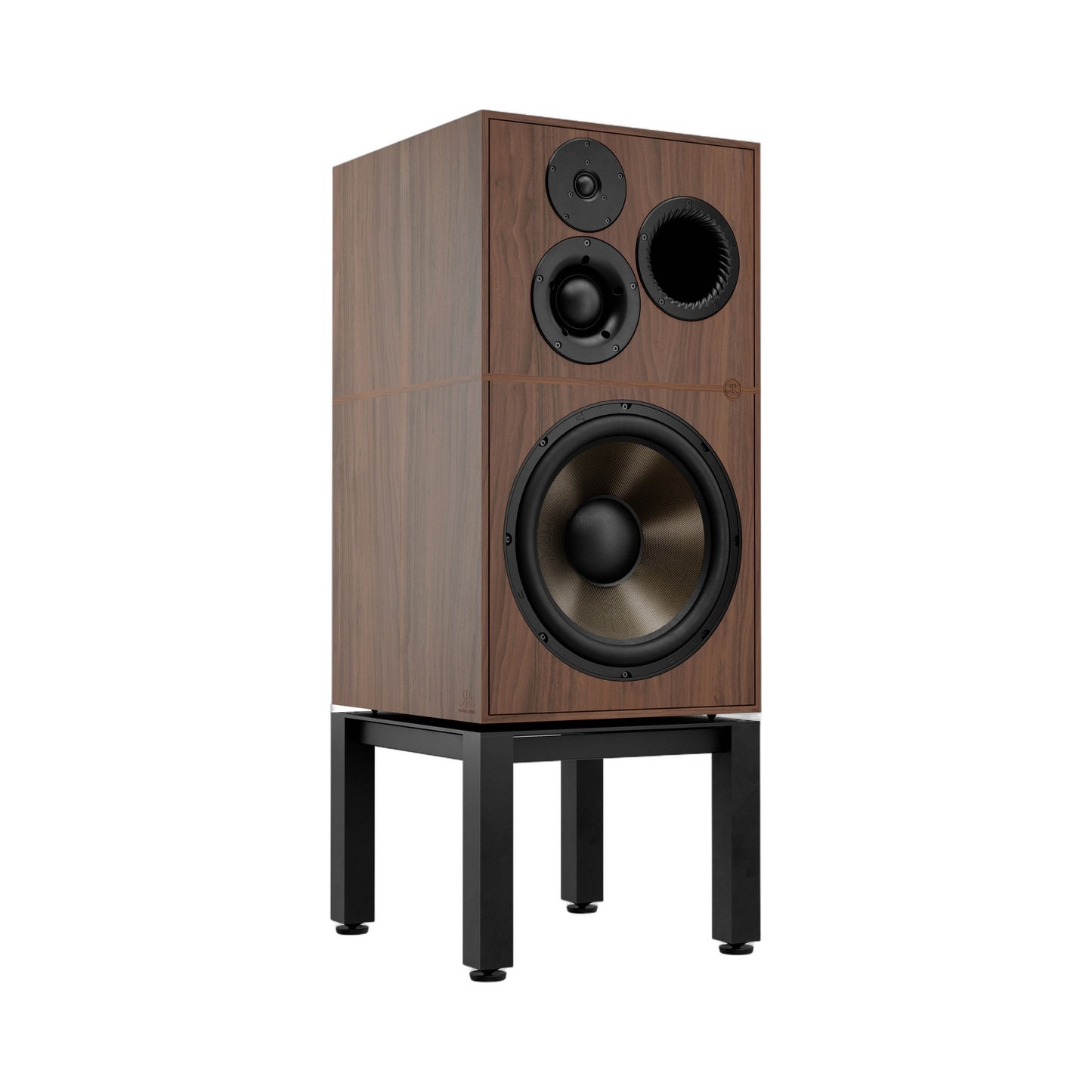 Revival Audio Atalante 7 Évo Standlautsprecher Nussbaum Schrägansicht mit 15-Zoll-Basalt-Tieftöner auf Sockel