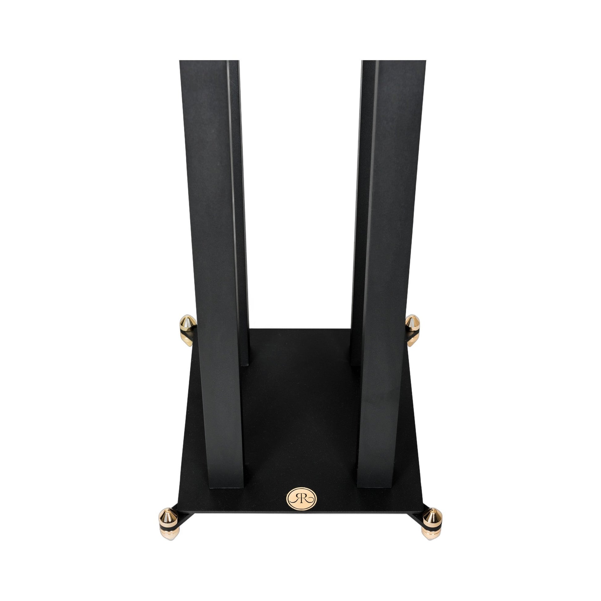Revival Audio Stand 3 Detailansicht Bodenplatte mit Spikes und Markenlogo Schrägansicht von oben