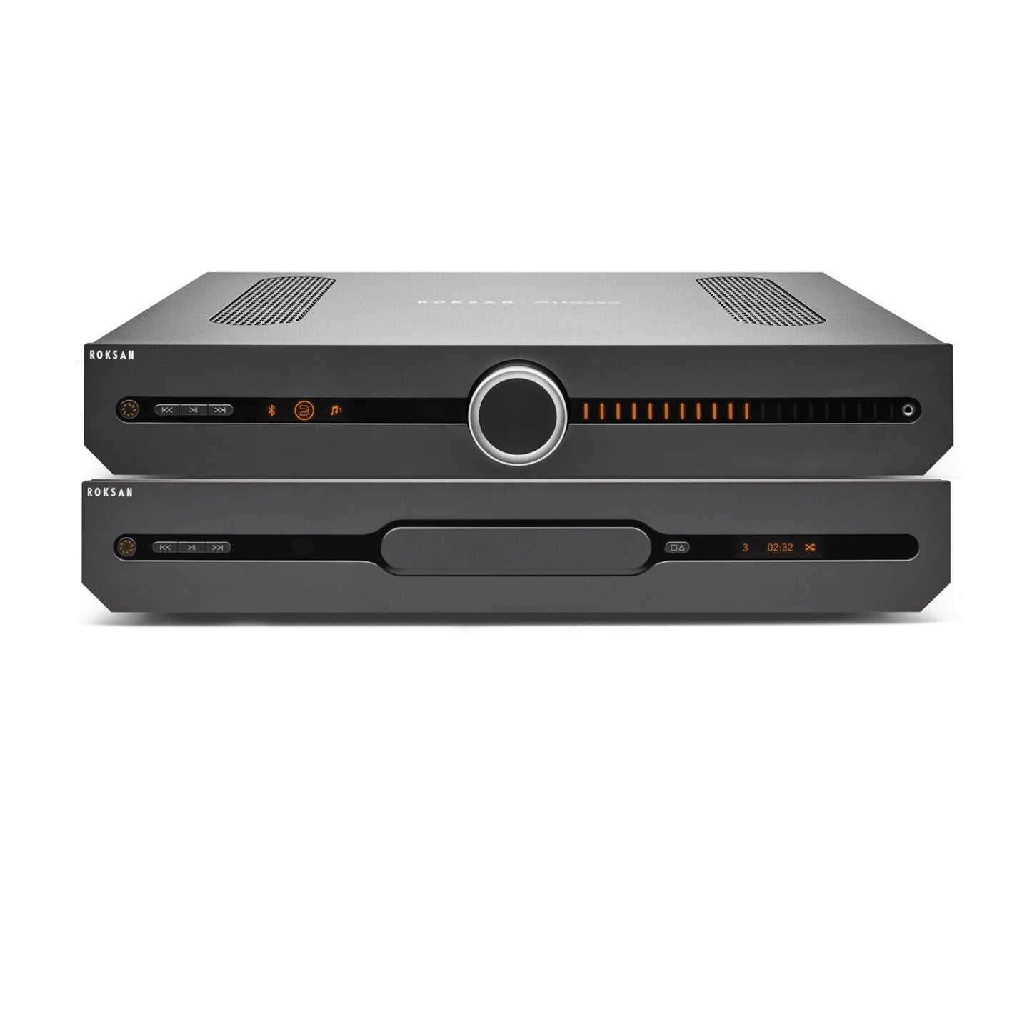 Roksan Attessa CD-Streaming Set in Schwarz, Frontansicht mit Streaming Vollverstärker und CD-Transport