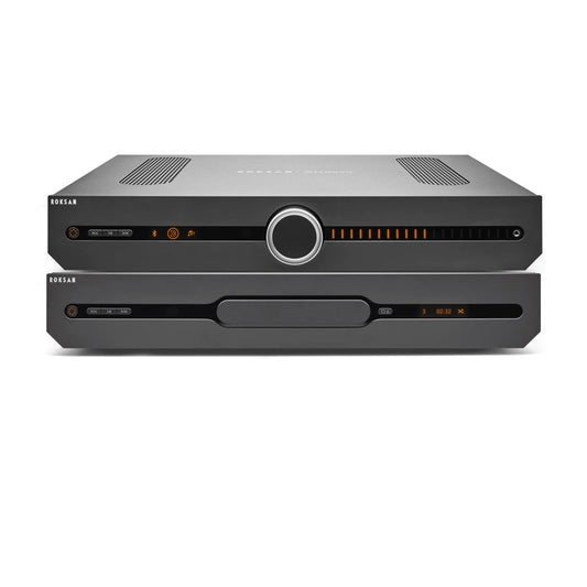 Roksan Attessa CD-Streaming Set in Schwarz, Frontansicht mit Streaming Vollverstärker und CD-Transport