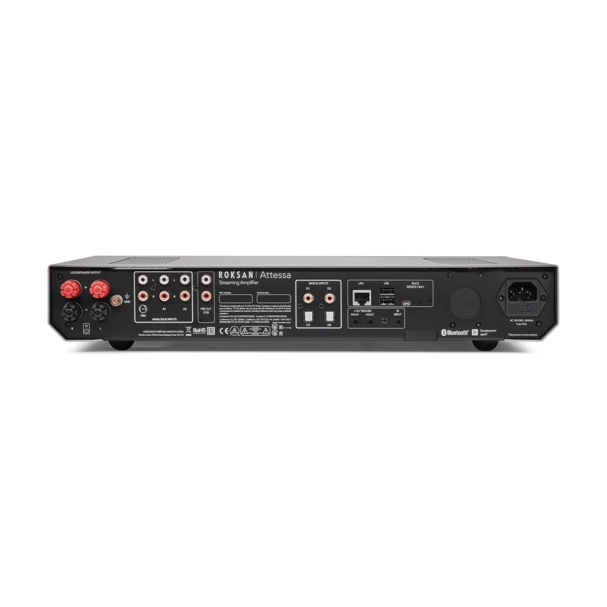 Roksan Attessa CD-Streaming Set in Schwarz, Rückansicht Streaming Vollverstärker mit LAN- und USB-Anschluss