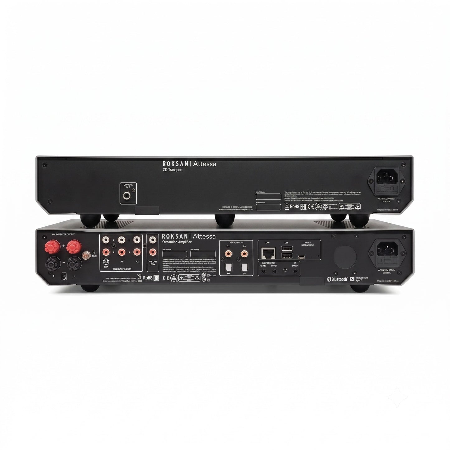 Roksan Attessa CD-Streaming Set in Schwarz, Rückansicht mit Anschlüssen beider Geräte
