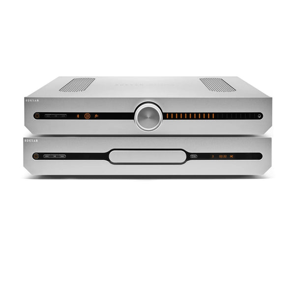 Roksan Attessa CD-Streaming Set in Silber, Frontansicht mit Streaming Vollverstärker und CD-Transport