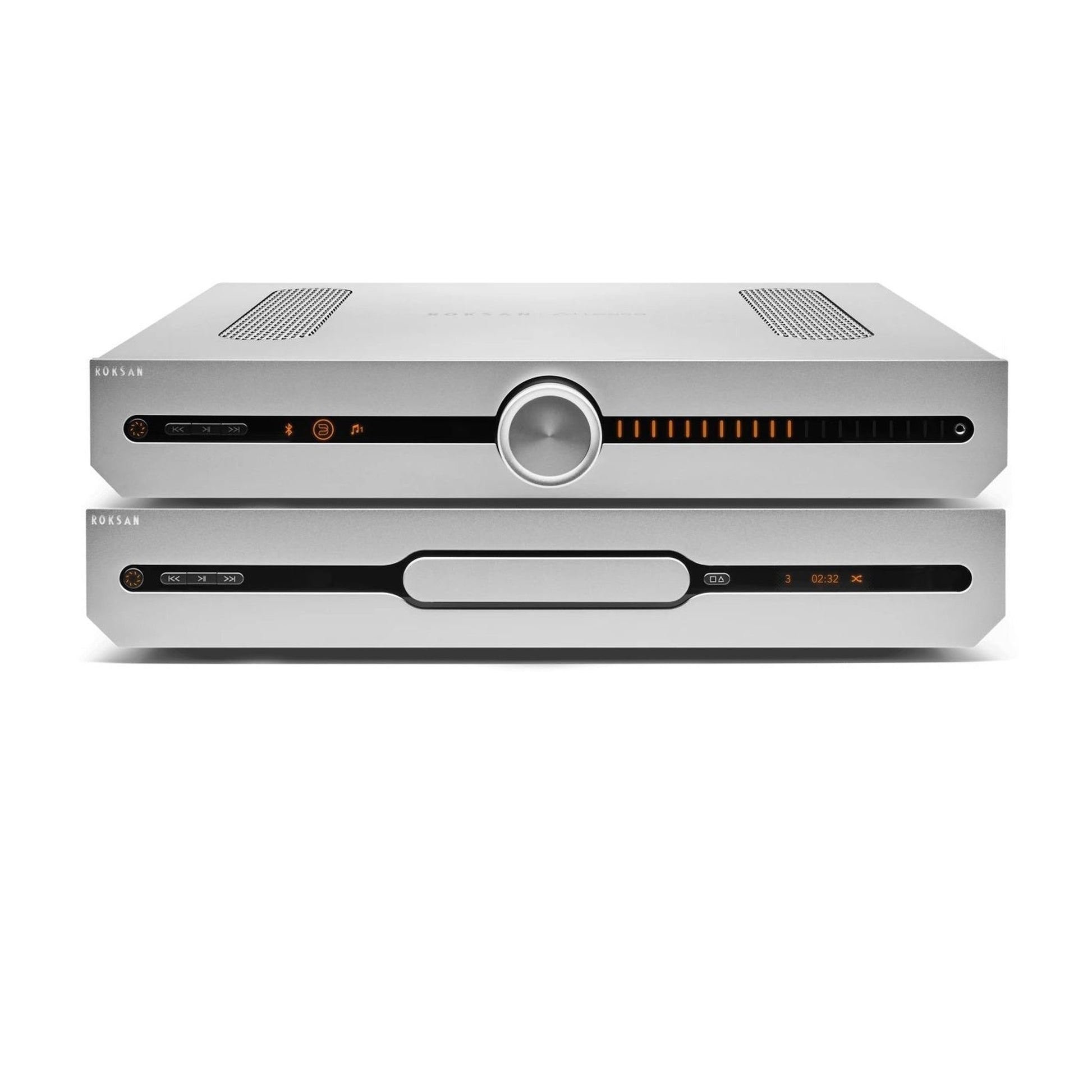 Roksan Attessa CD-Streaming Set in Silber, Frontansicht mit Streaming Vollverstärker und CD-Transport