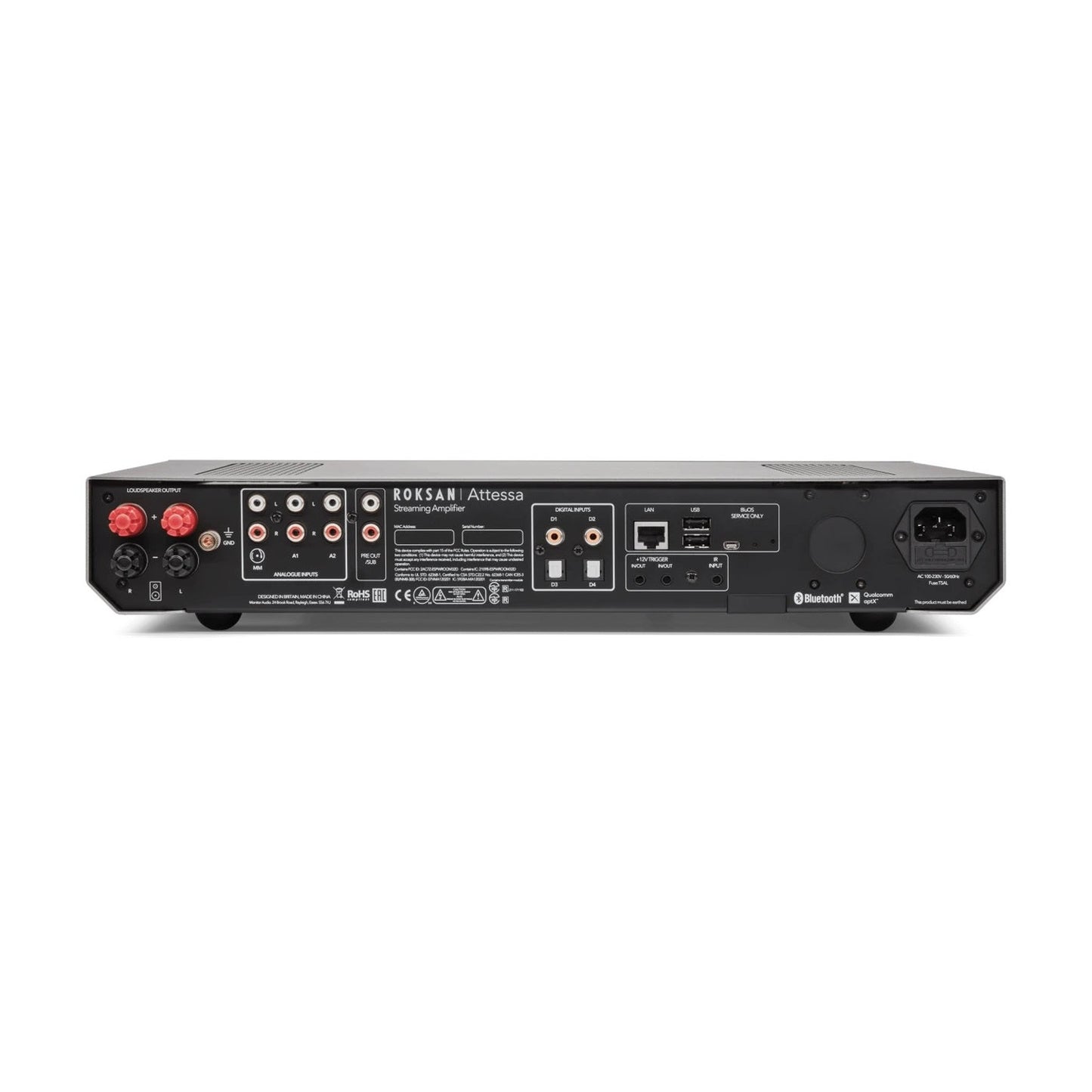Roksan Attessa CD-Streaming Set in Silber, Rückansicht Streaming Vollverstärker mit LAN- und USB-Anschluss