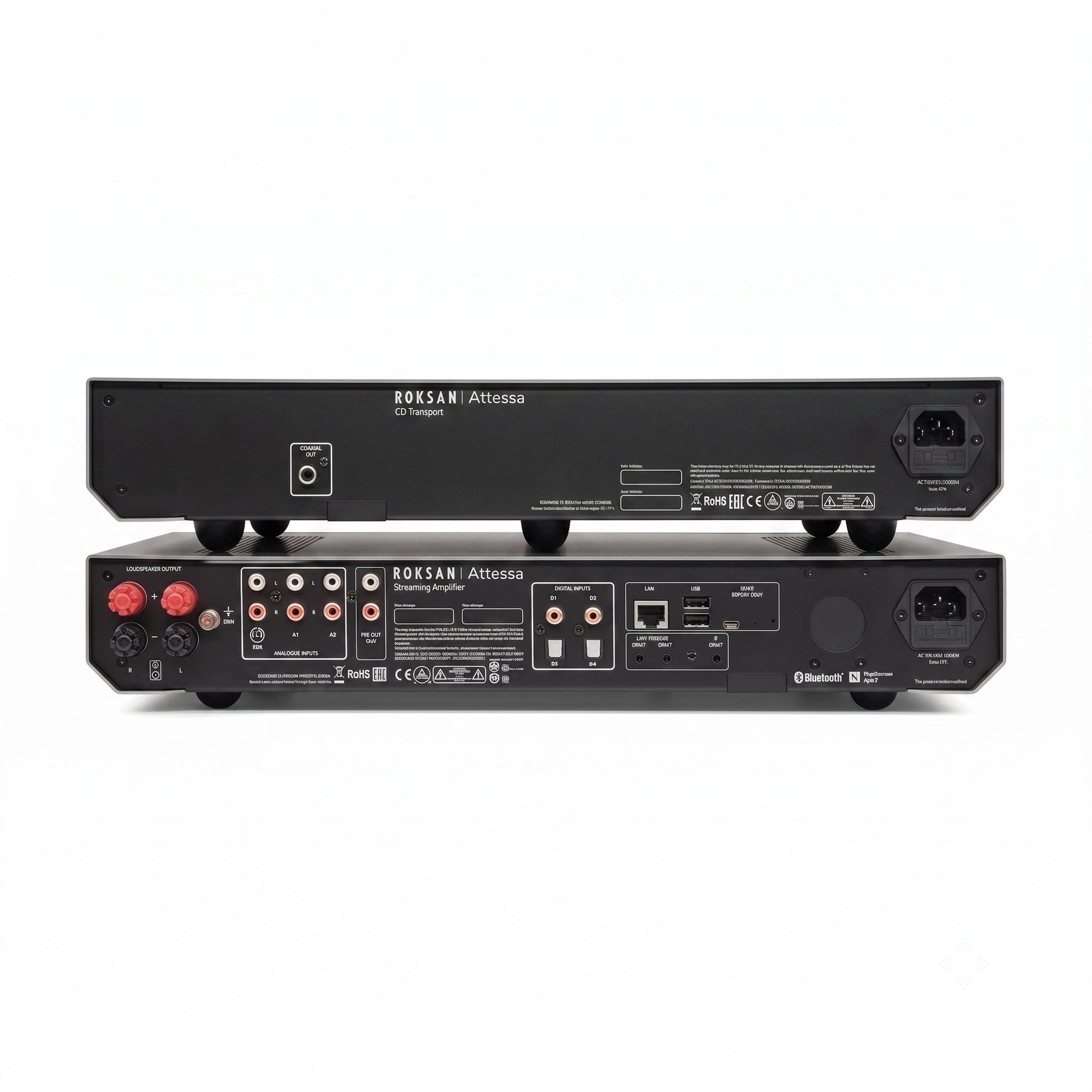 Roksan Attessa CD-Streaming Set in Silber, Rückansicht mit Anschlüssen beider Geräte