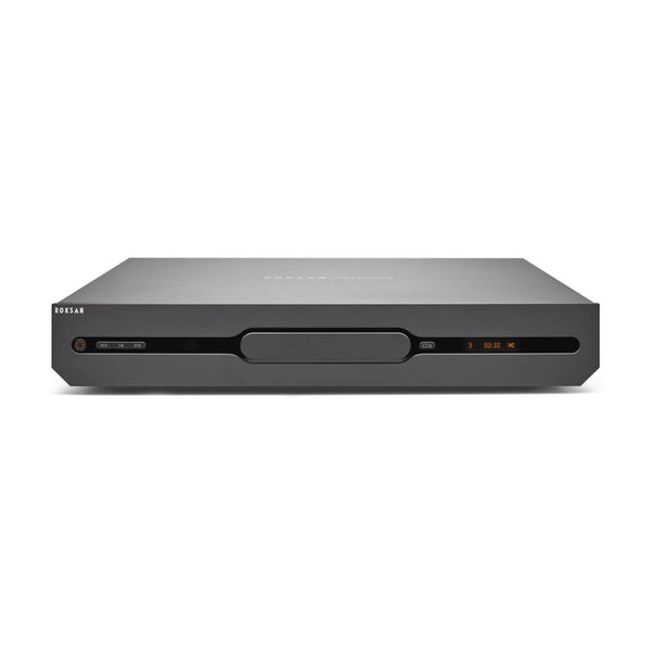 Roksan Attessa CD-Transport in Schwarz, Frontansicht mit Schublade, Display und Bedientasten