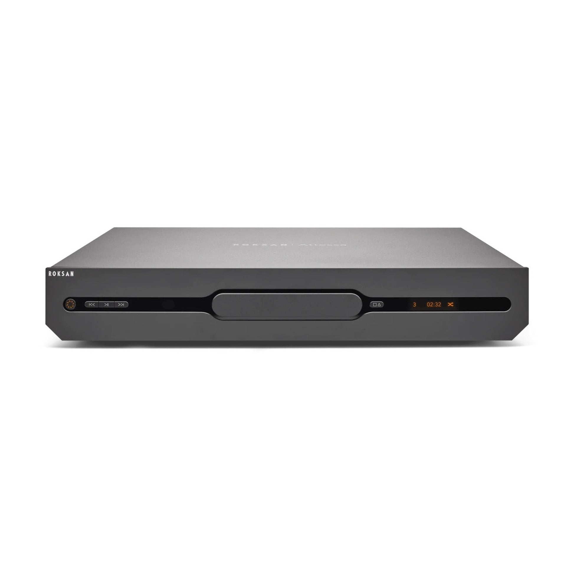 Roksan Attessa CD-Transport in Schwarz, Frontansicht mit Schublade, Display und Bedientasten