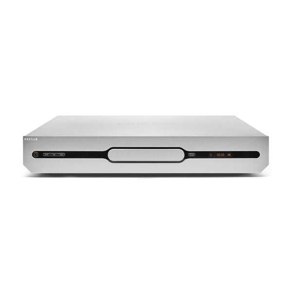 Roksan Attessa CD-Transport in Silber, Frontansicht mit Schublade, Display und Bedientasten