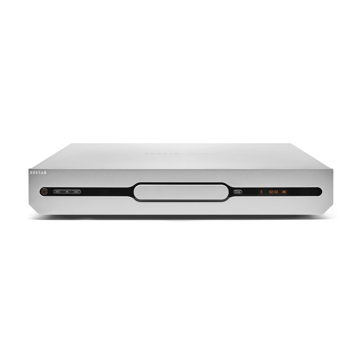 Roksan Attessa CD-Transport in Silber, Frontansicht mit Schublade, Display und Bedientasten