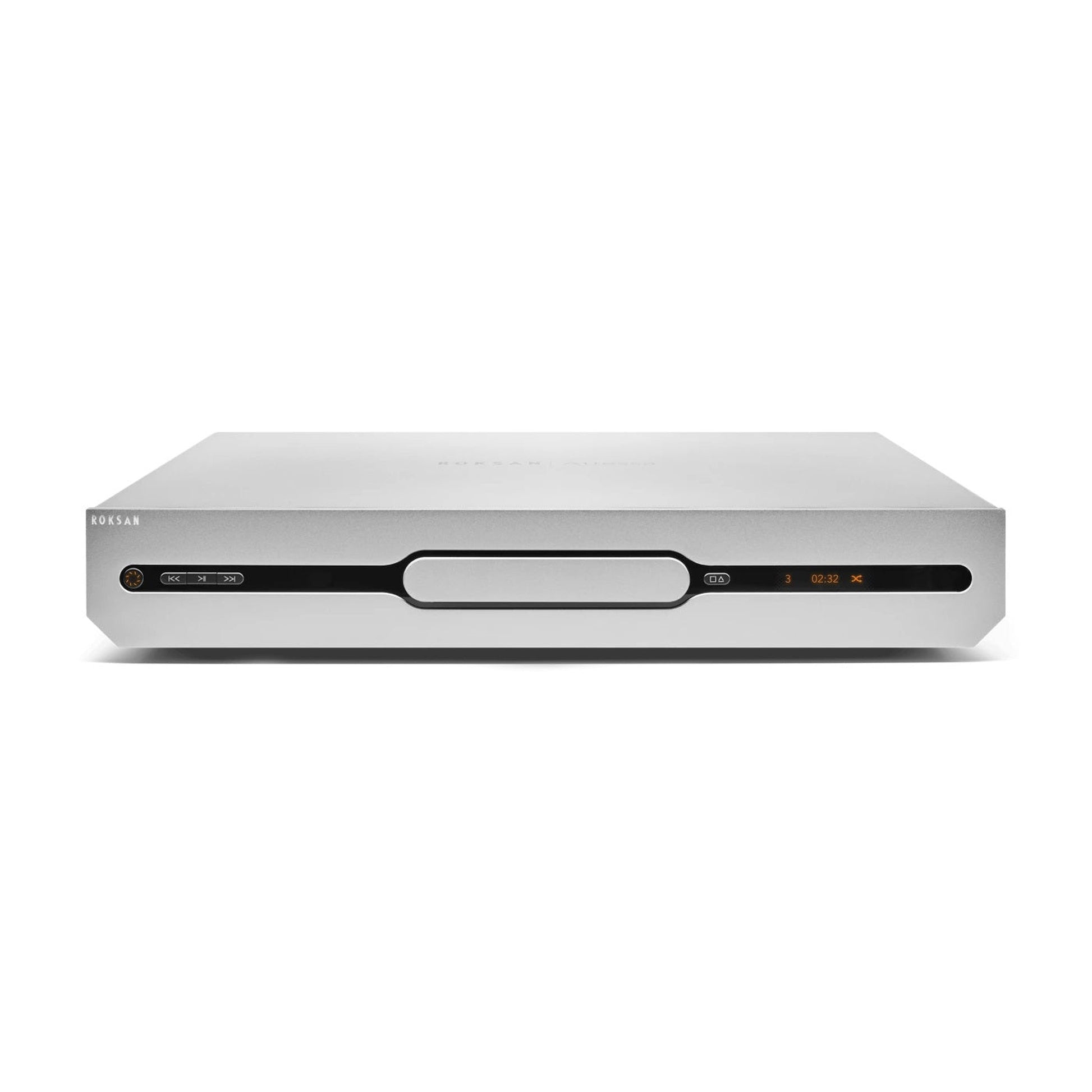 Roksan Attessa CD-Transport in Silber, Frontansicht mit Schublade, Display und Bedientasten