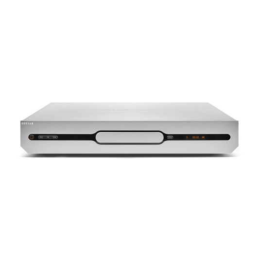 Roksan Attessa CD-Transport in Silber, Frontansicht mit Schublade, Display und Bedientasten