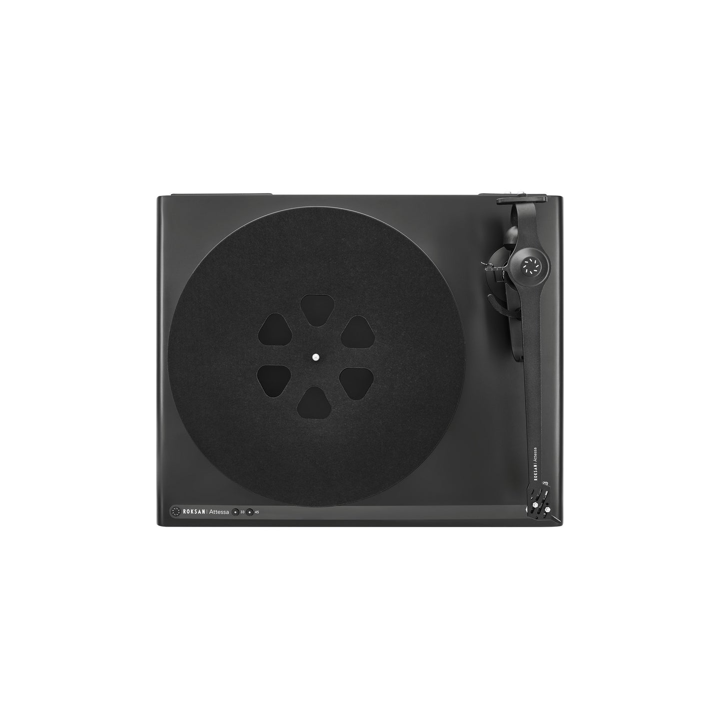 Roksan Attessa Plattenspieler in Schwarz, Draufsicht mit Plattenteller, Filzmatte und Tonarm