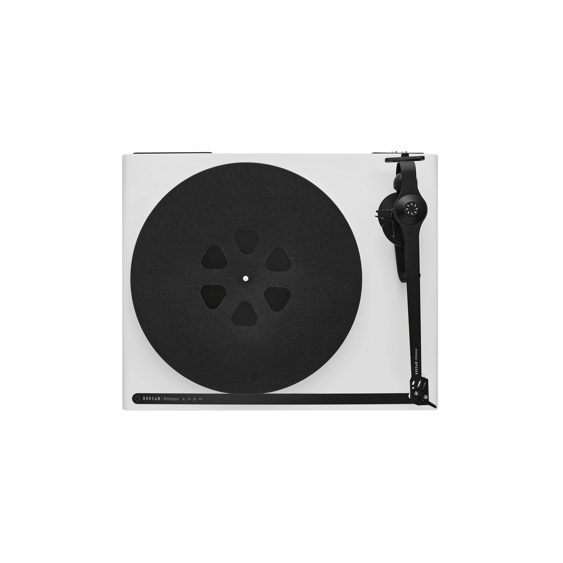 Roksan Attessa Plattenspieler in Weiss, Draufsicht mit Plattenteller, Filzmatte und Tonarm