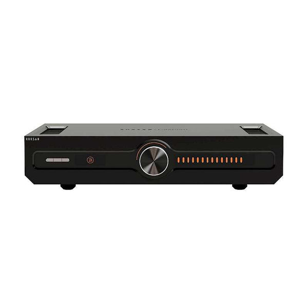Roksan Caspian 4G Streaming Vollverstärker in Schwarz, Frontansicht mit Lautstärkeregler und LED-Anzeige