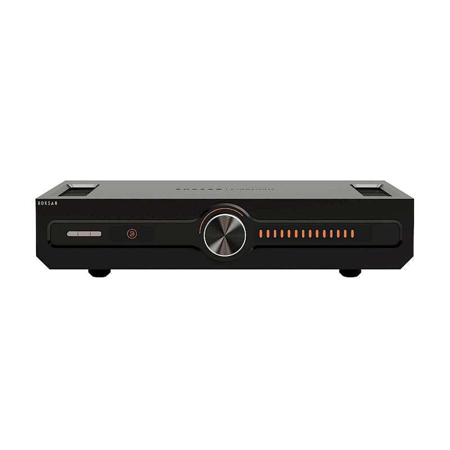 Roksan Caspian 4G Streaming Vollverstärker in Schwarz, Frontansicht mit Lautstärkeregler und LED-Anzeige