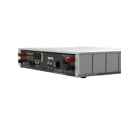 Roksan Caspian 4G Streaming Vollverstärker in Silber, Anschlussfeld mit Lautsprecherklemmen und Digitaleingängen