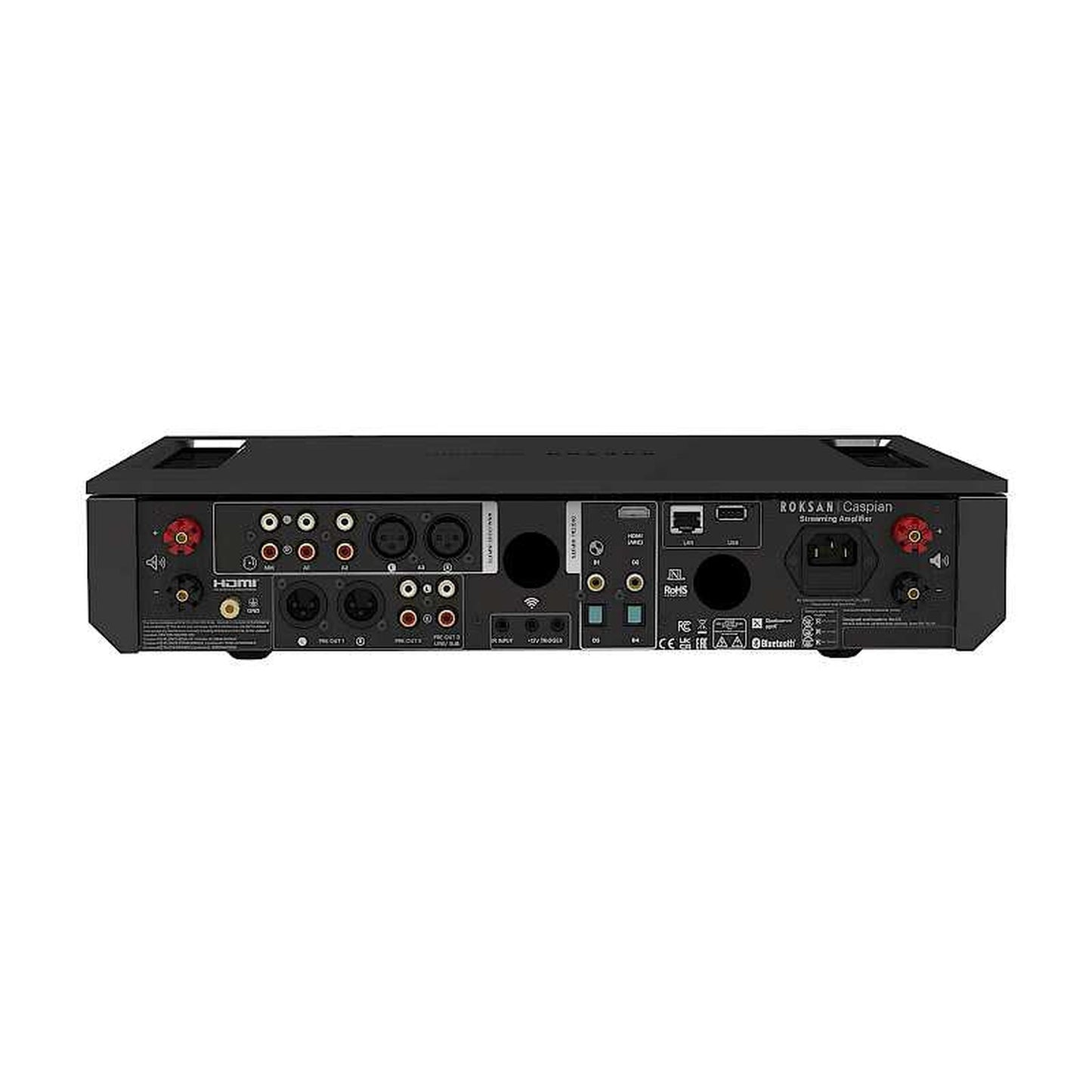 Roksan Caspian 4G Streaming Vollverstärker in Silber, Rückansicht mit analogen und digitalen Eingängen