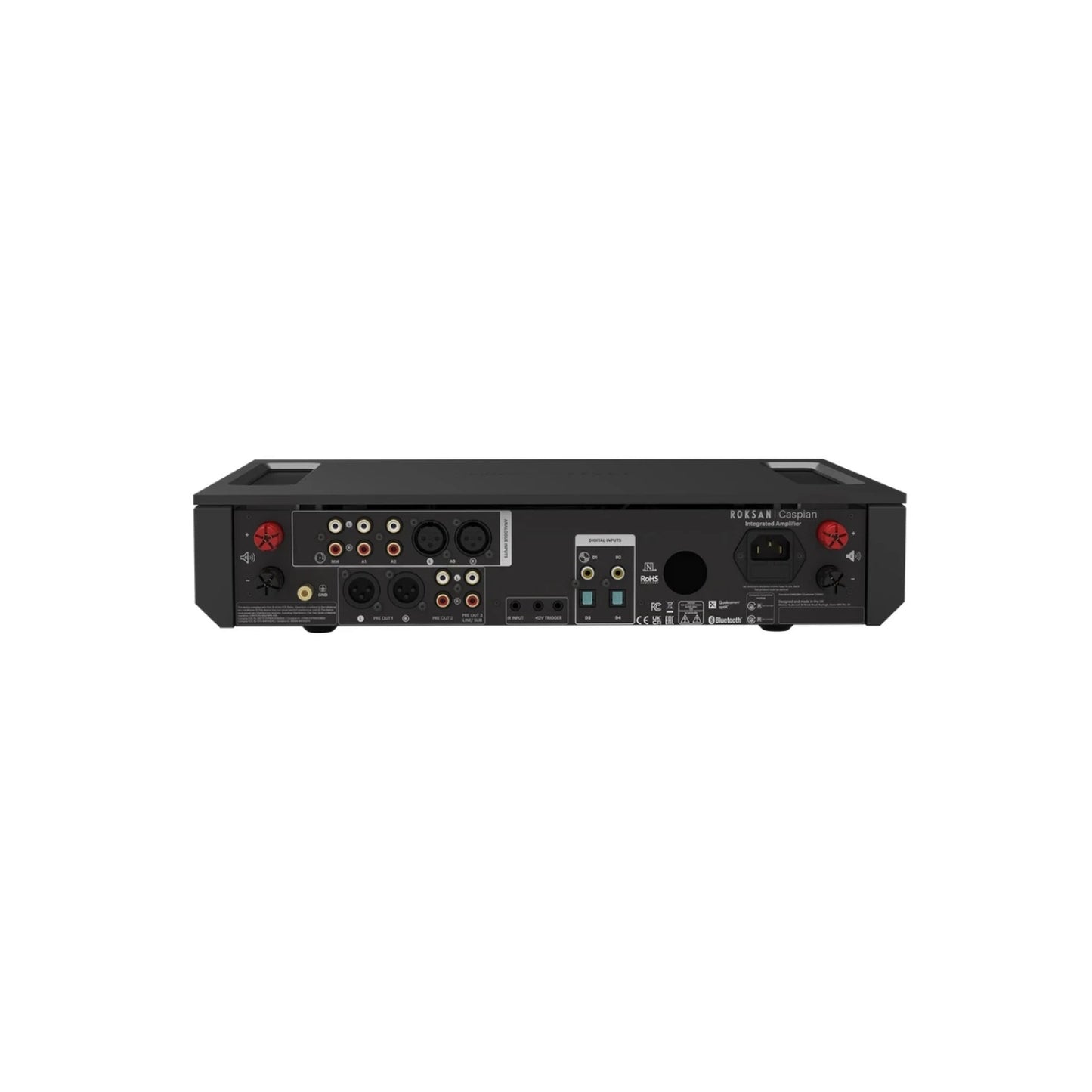Roksan Caspian 4G Vollverstärker in Schwarz, Rückansicht mit Phono-, Cinch-, XLR- und Digitaleingängen