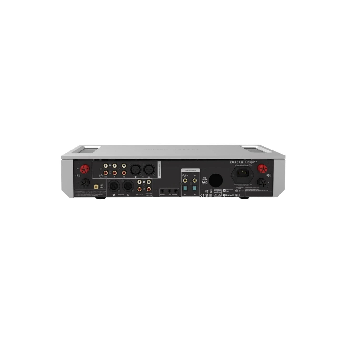 Roksan Caspian 4G Vollverstärker in Silber, Rückansicht mit Phono-, Cinch-, XLR- und Digitaleingängen