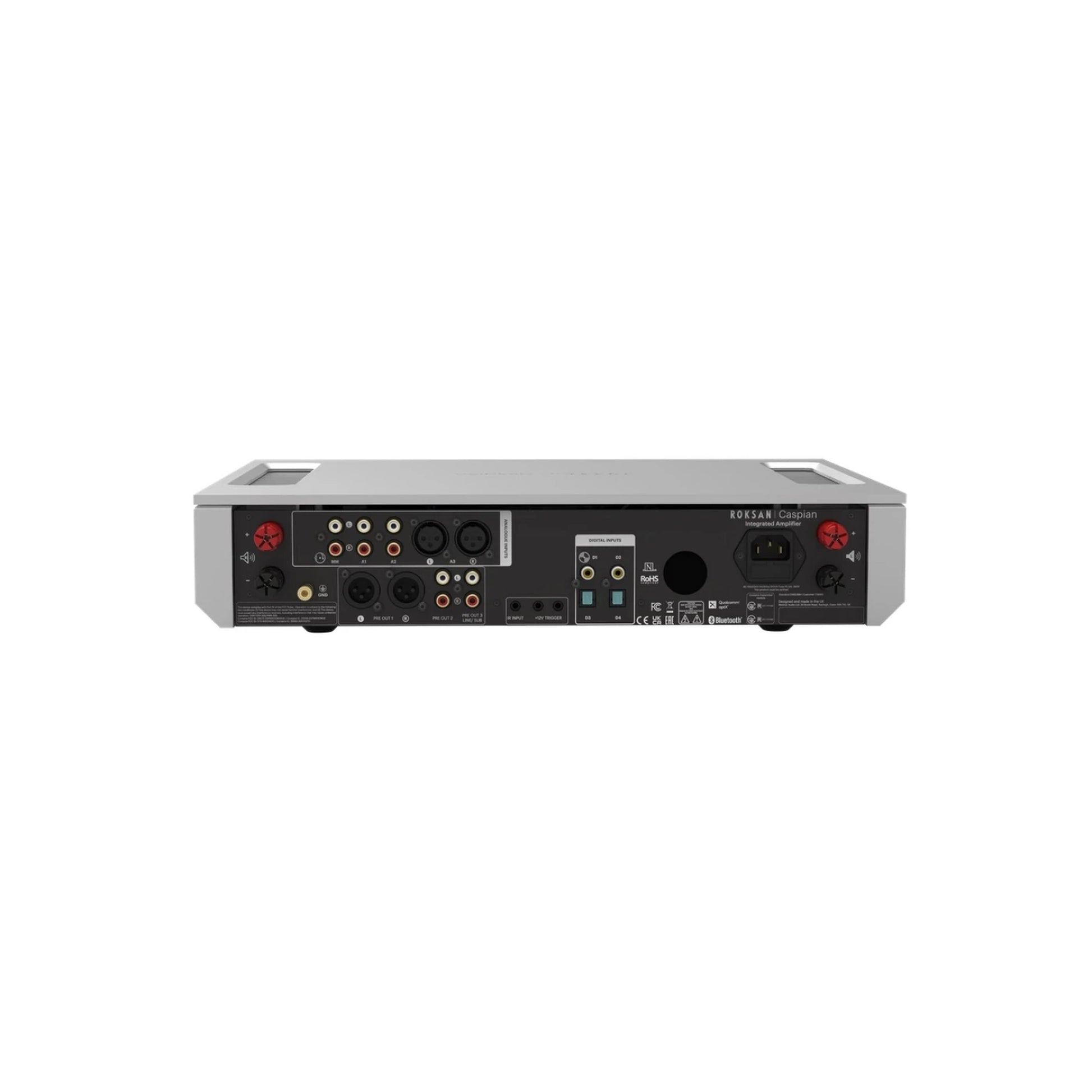 Roksan Caspian 4G Vollverstärker in Silber, Rückansicht mit Phono-, Cinch-, XLR- und Digitaleingängen