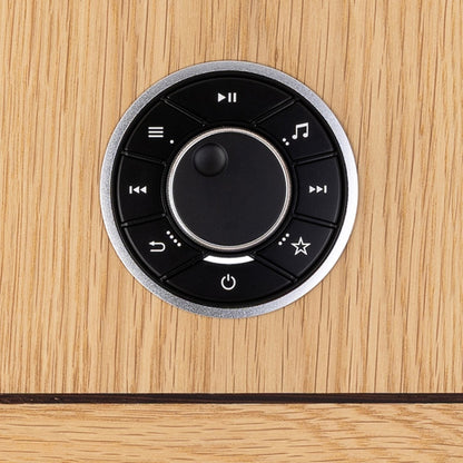 Ruark Audio R410 Anniversary Edition All-in-One-Musiksystem Detailansicht RotoDial auf Eichenfurnier