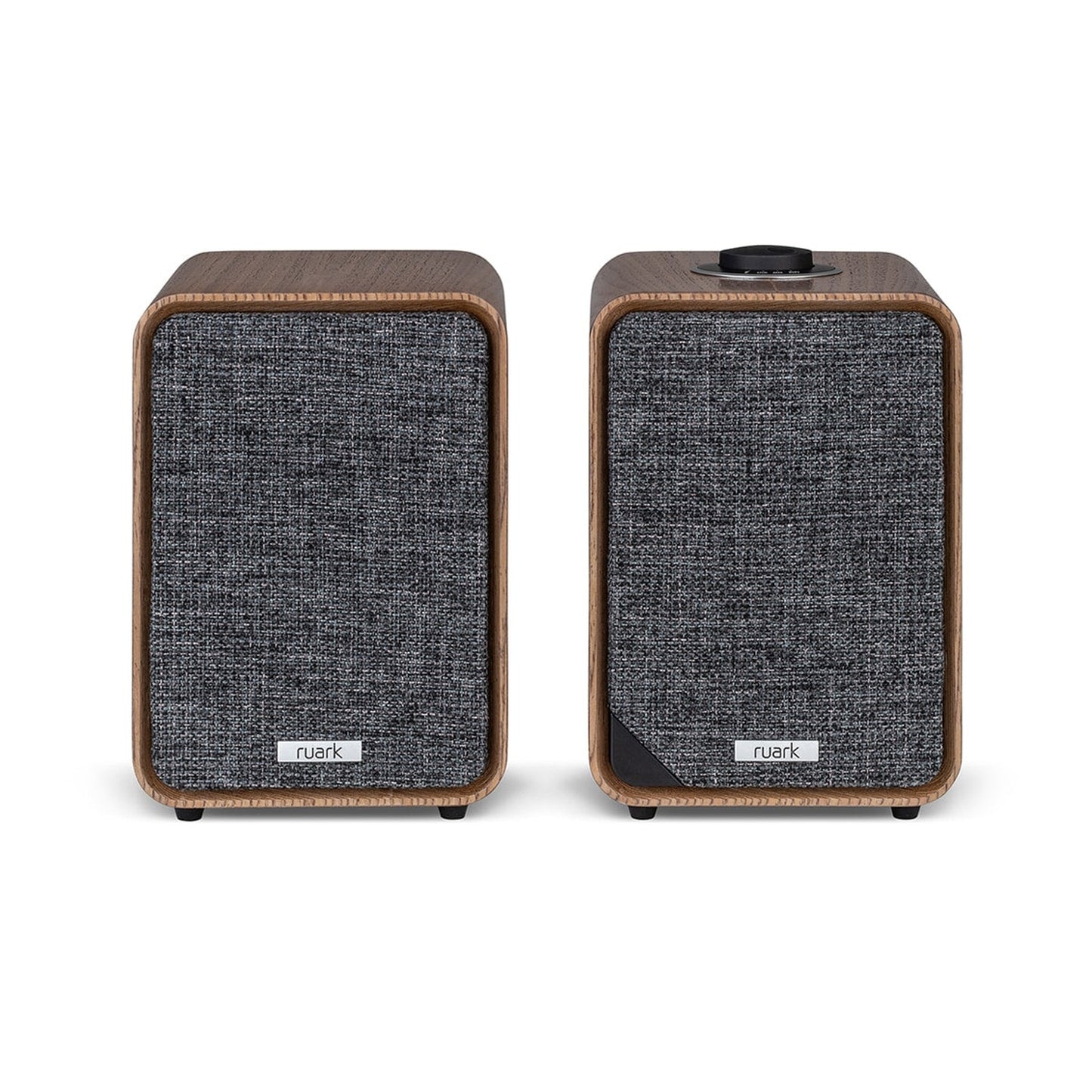 Ruark MR1 Mk3 Aktivlautsprecher Nussbaum Frontansicht mit Stoffbespannung