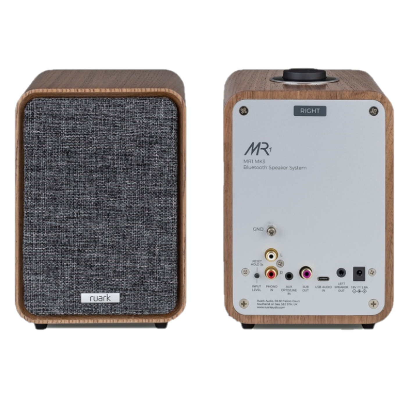 Ruark MR1 Mk3 Aktivlautsprecher Nussbaum Rückansicht beider Boxen mit Anschlussfeld