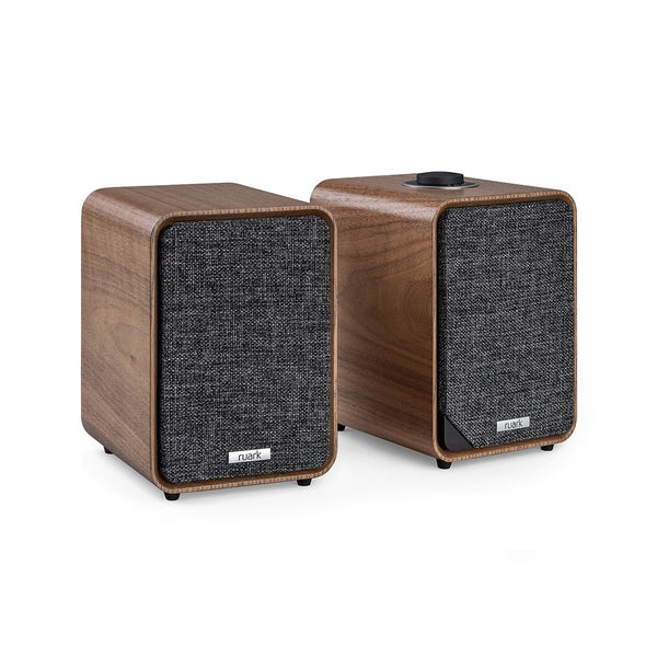 Ruark MR1 Mk3 Aktivlautsprecher Nussbaum Stereopaar mit Drehregler auf der Oberseite
