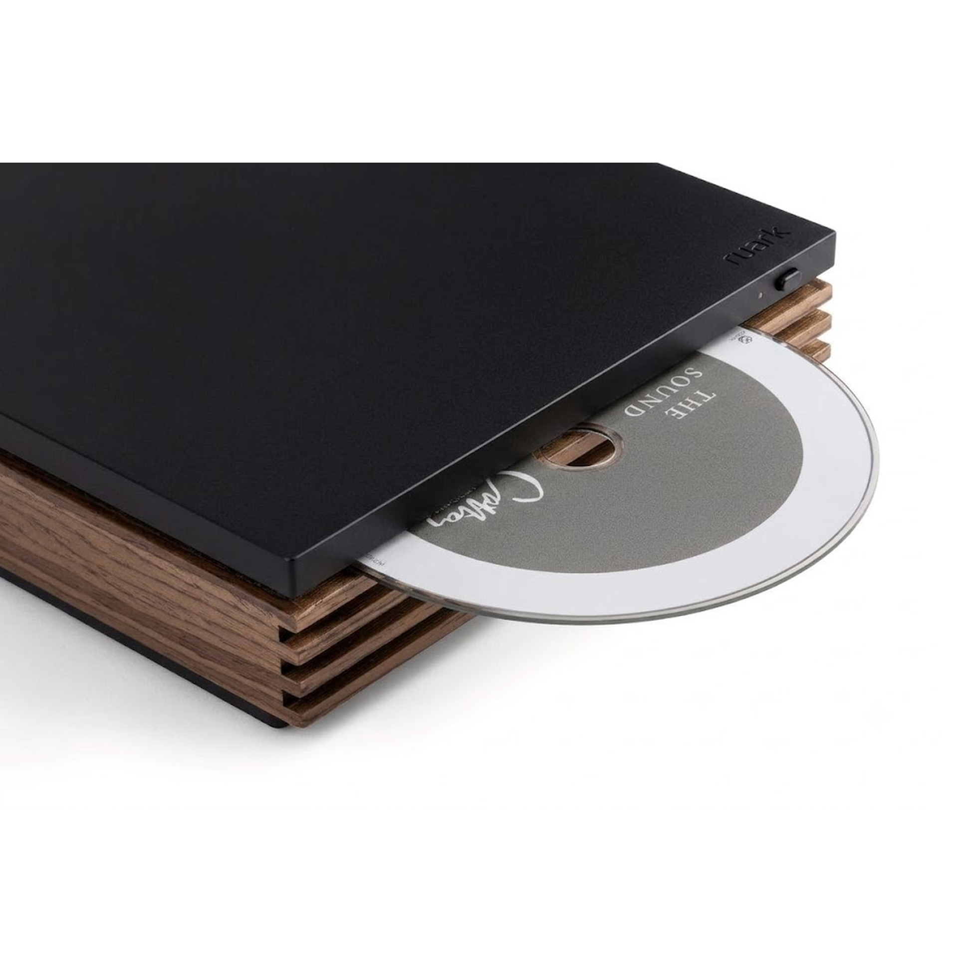 Ruark R-CD100 USB-CD-Player Swiss Black Detailansicht mit eingelegter CD von oben