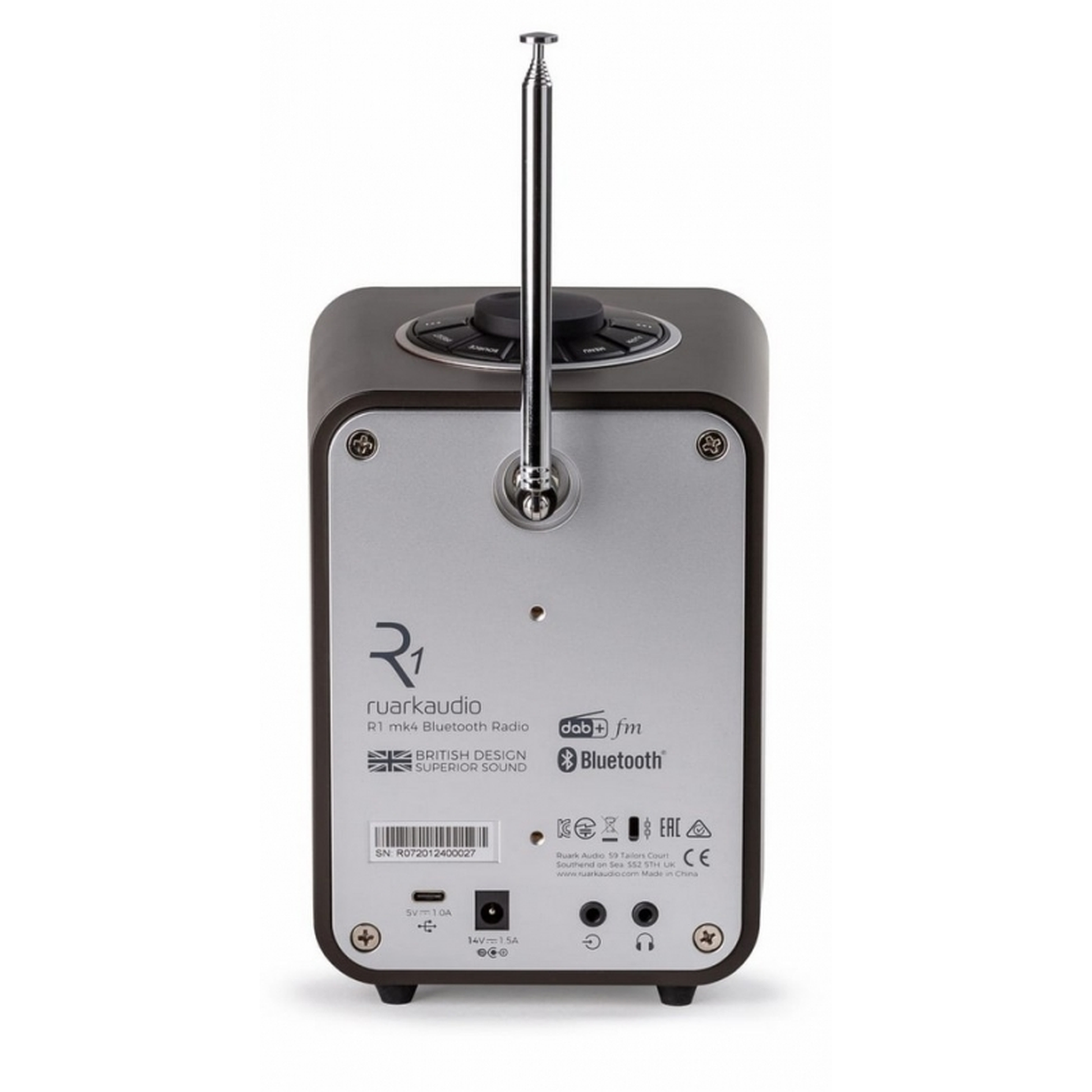 Ruark R1 MK4 DAB+/Bluetooth-Radio Espresso Rückansicht mit Teleskopantenne