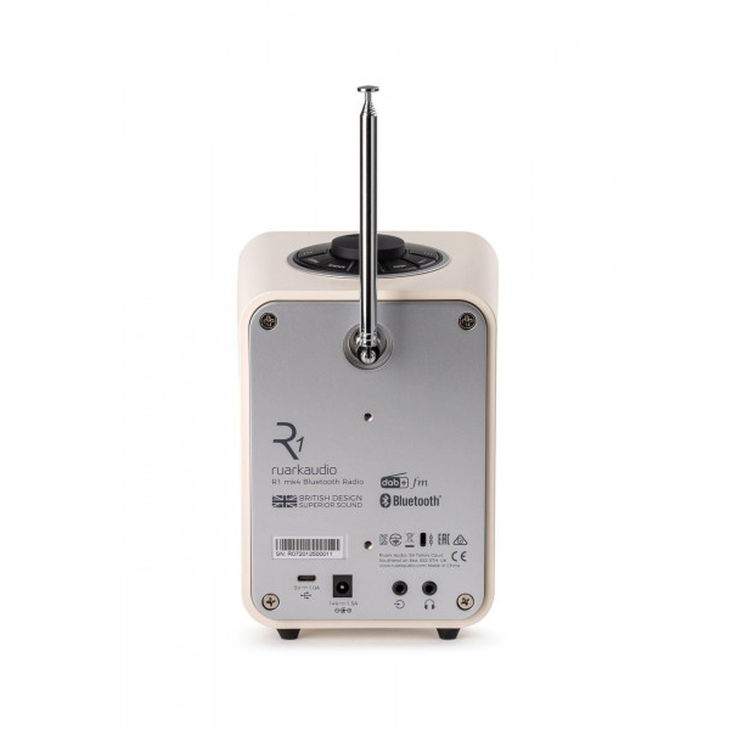 Ruark R1S Smart Radio mit WLAN & DAB+ Creme Rückansicht mit Teleskopantenne