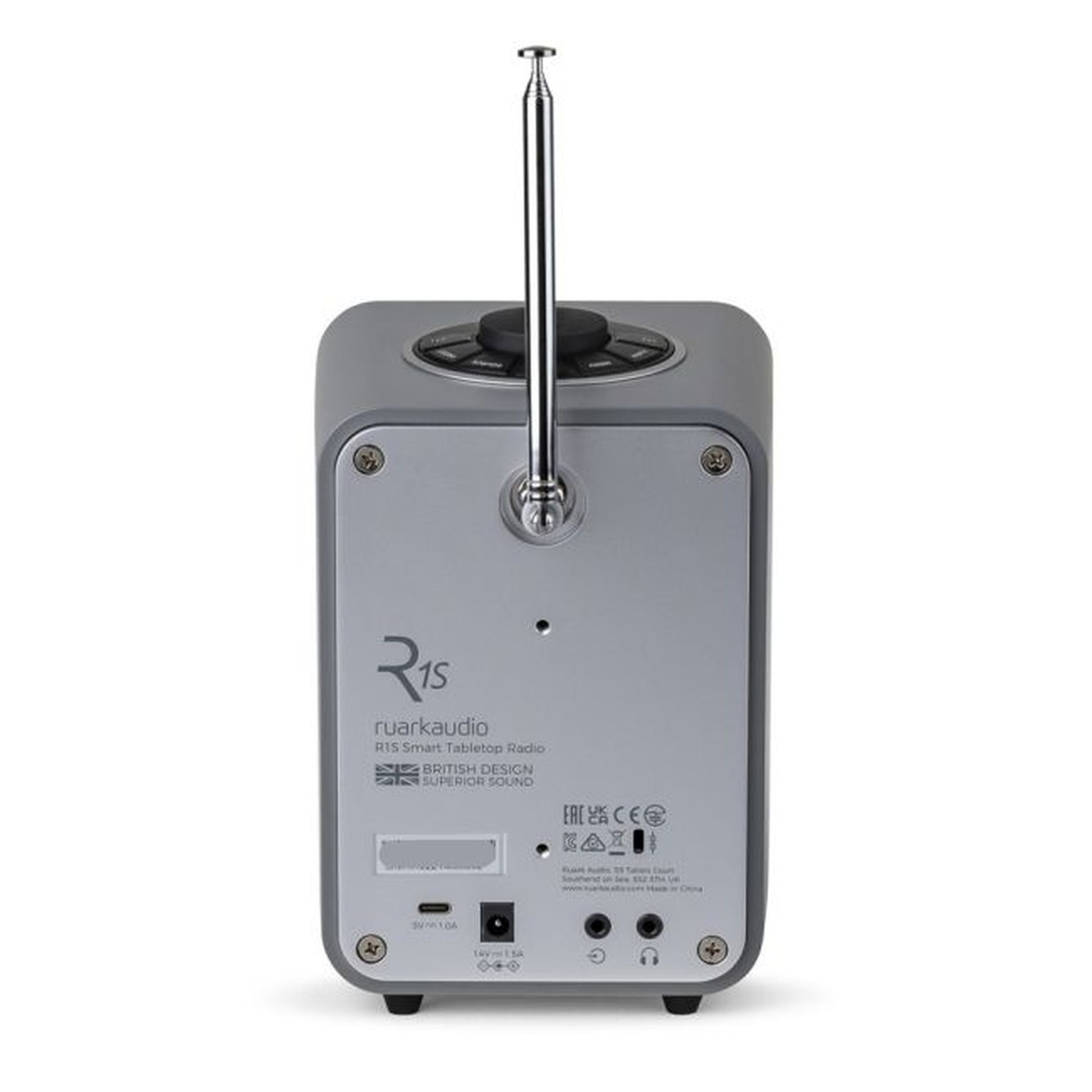 Ruark R1S Smart Radio mit WLAN & DAB+ Grau Rückansicht mit Teleskopantenne und Anschlüssen