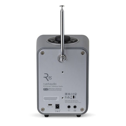 Ruark R1S Smart Radio mit WLAN & DAB+ Grau Rückansicht mit Teleskopantenne und Anschlüssen