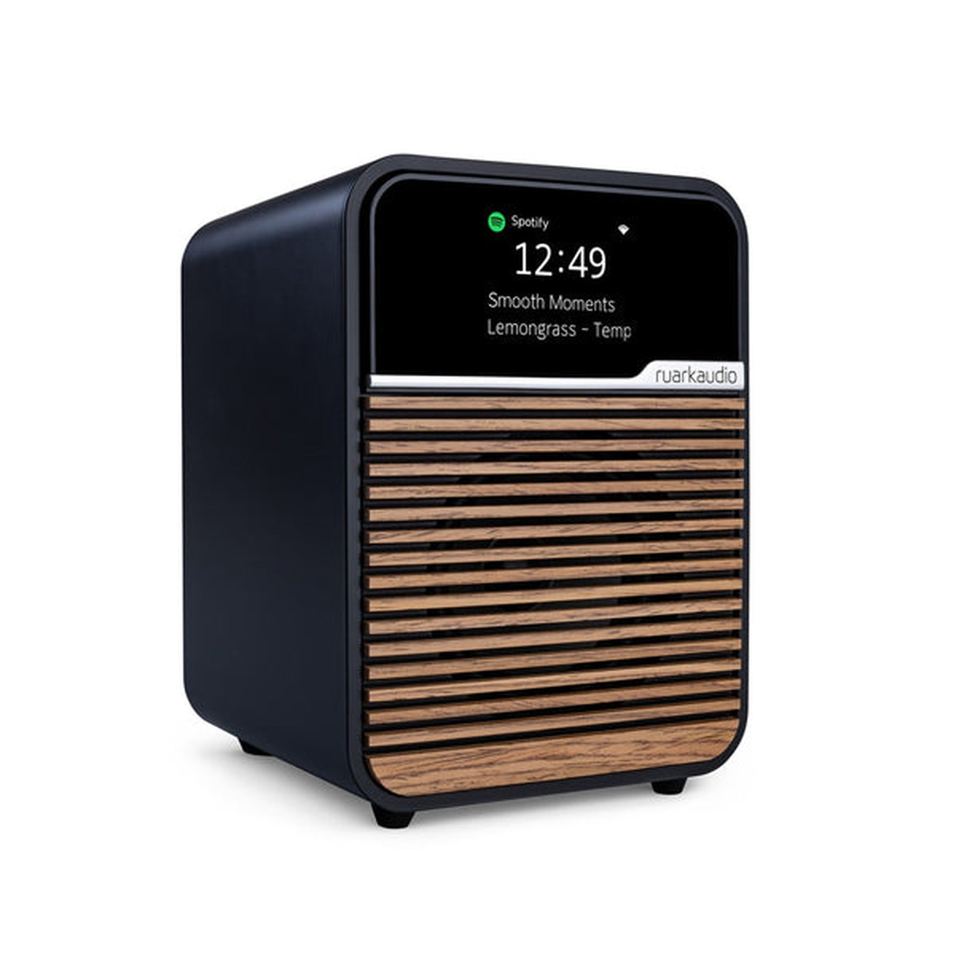 Ruark R1S Smart Radio mit WLAN & DAB+ Schwarz Schrägansicht Nahaufnahme Bedienelemente