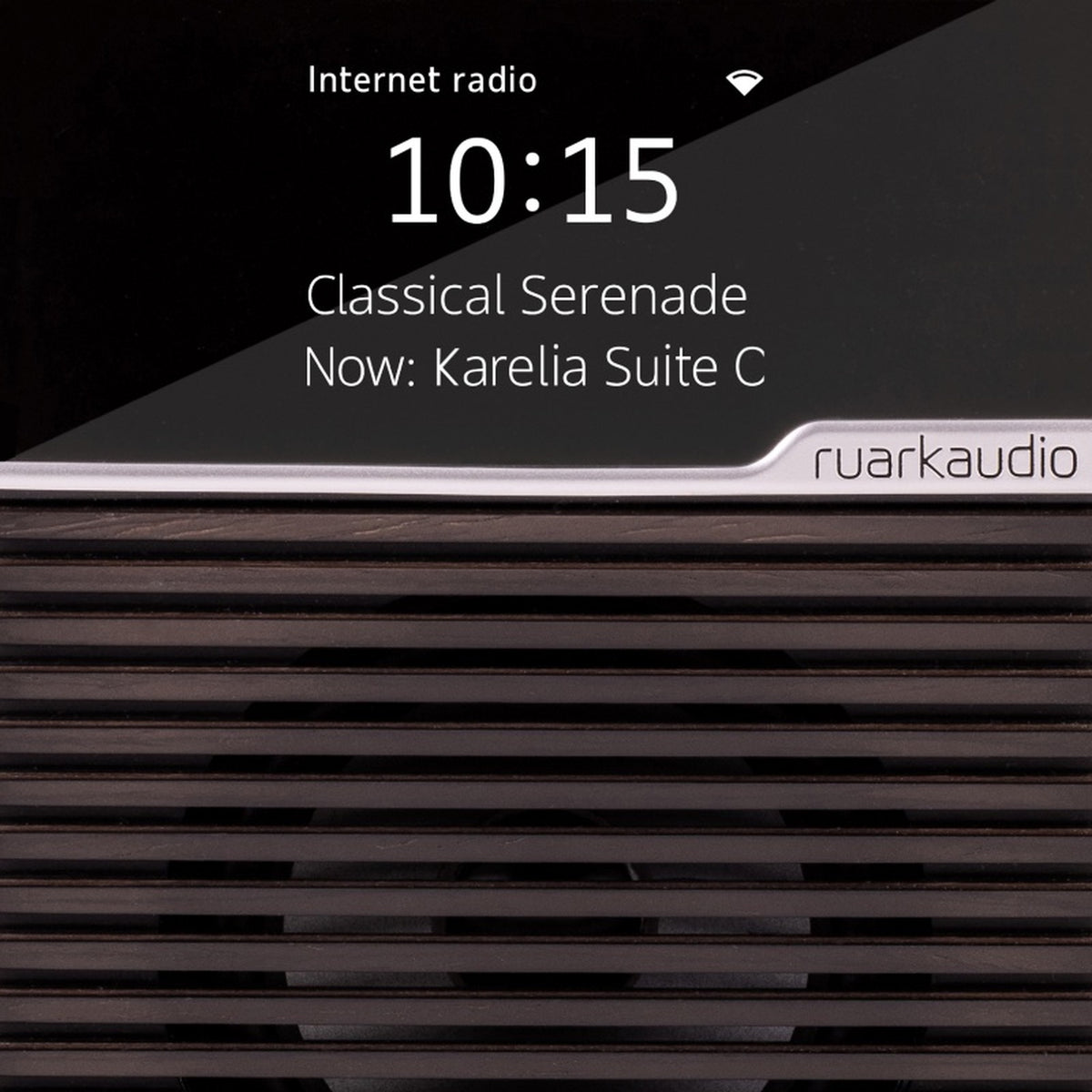 Ruark Audio R1S Smart Radio mit WLAN & DAB+ Terracotta Detailansicht Farb-Display und ebonisierter Lamellengrill
