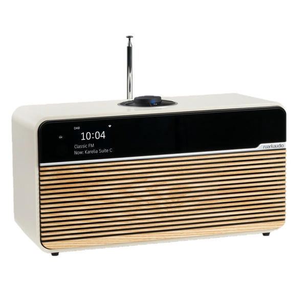 Ruark R2 MK4 Streaming-Musiksystem Creme Schrägansicht mit Display